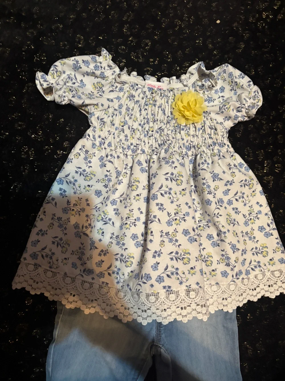 Girls Floral Smocked Top with Light Wash Jeans - Blue & White